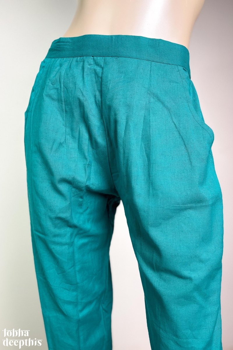 Teal Blue Cotton Flax Pencil Pants - Lobha Deepthis