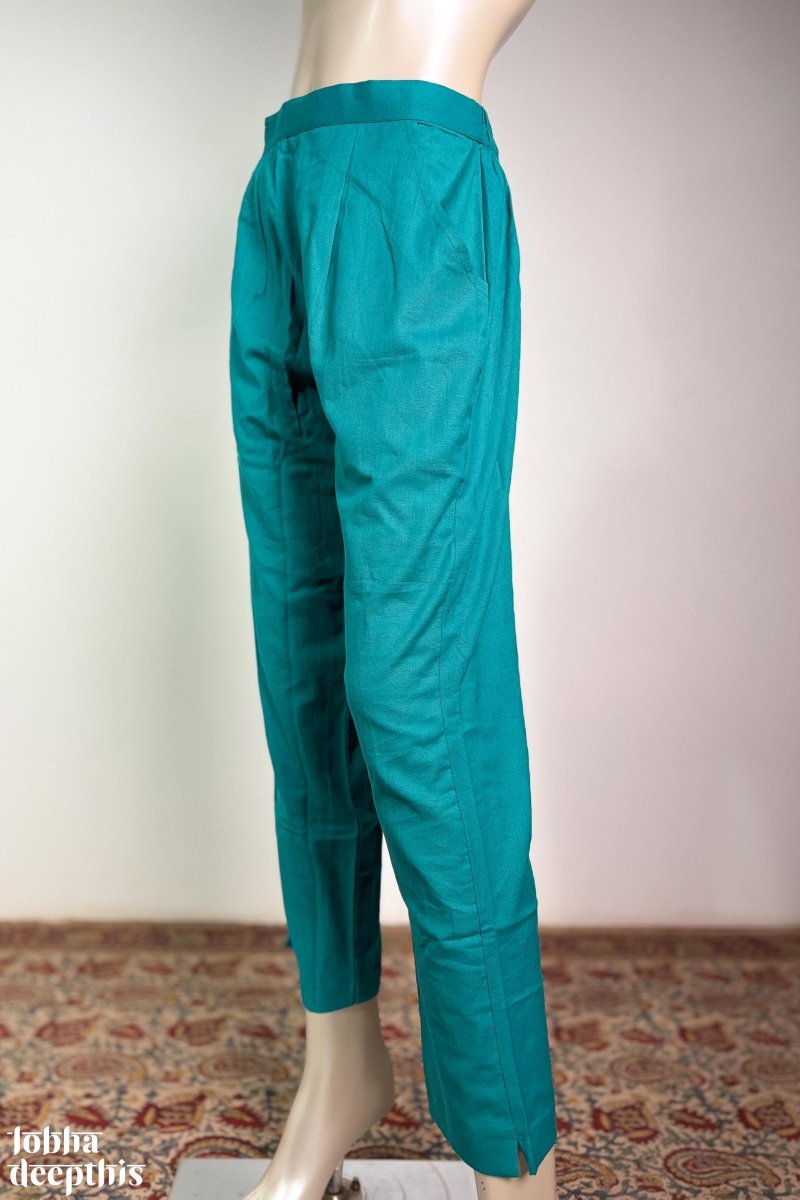 Teal Blue Cotton Flax Pencil Pants - Lobha Deepthis