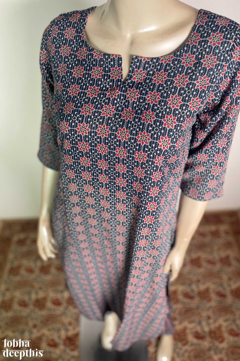 Teal Blue Kantha Florals Straight Kurta - Lobha Deepthis