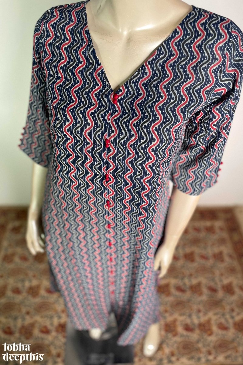 Teal Blue Kantha Stripes Aline Kurta - Lobha Deepthis