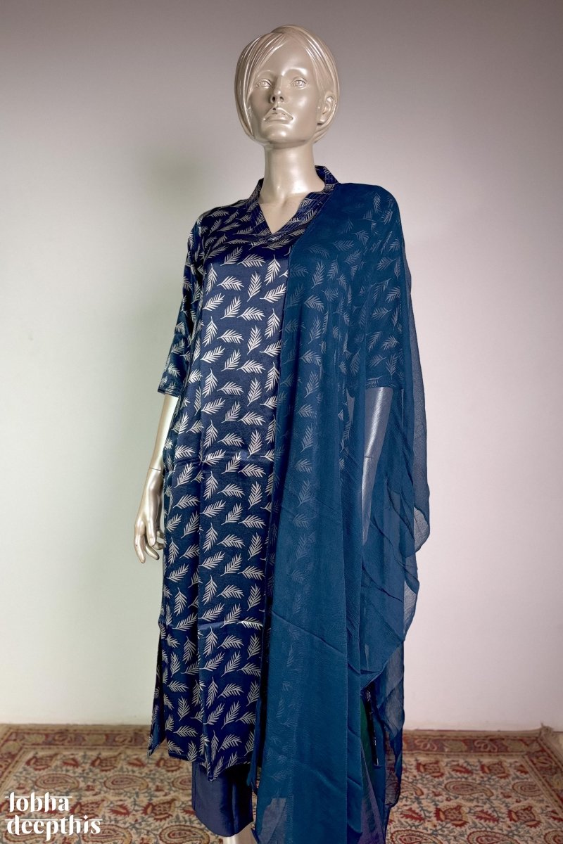 Teal Blue Mashru Silk Collar Kurta - Lobha Deepthis