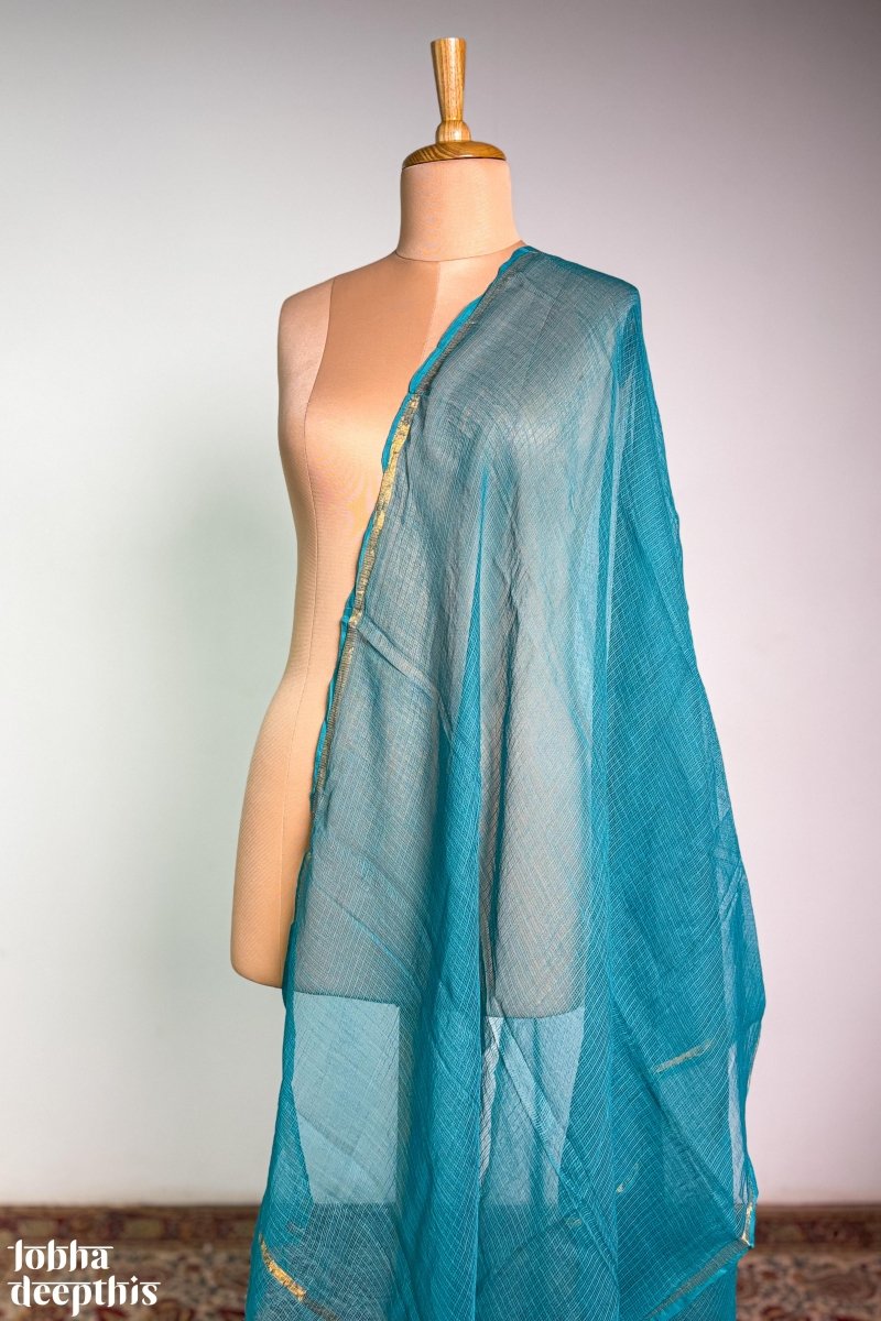 Teal Blue Plain Kota Doria Dupatta - Lobha Deepthis