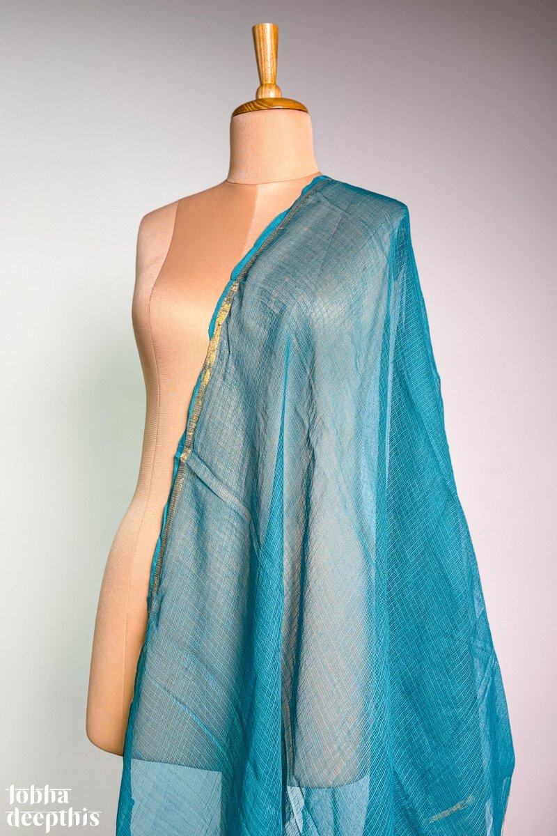 Teal Blue Plain Kota Doria Dupatta - Lobha Deepthis