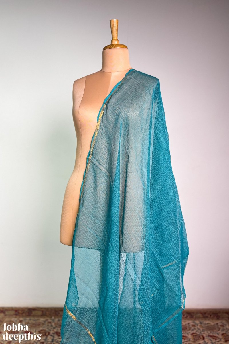 Teal Blue Plain Kota Doria Dupatta - Lobha Deepthis