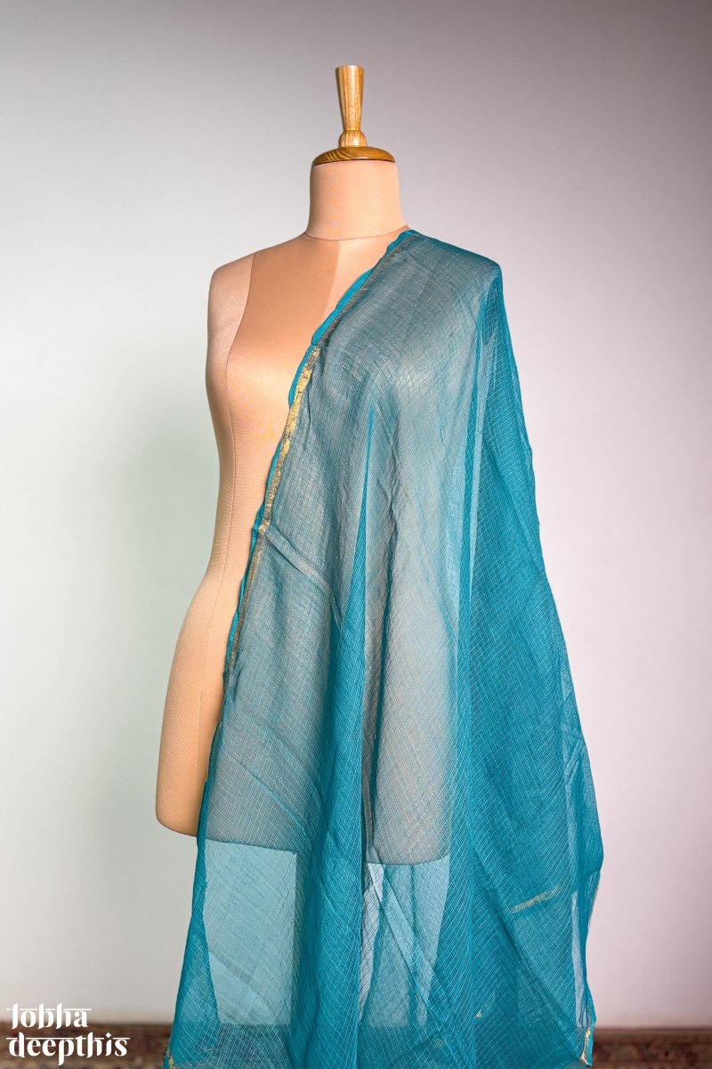 Teal Blue Plain Kota Doria Dupatta - Lobha Deepthis