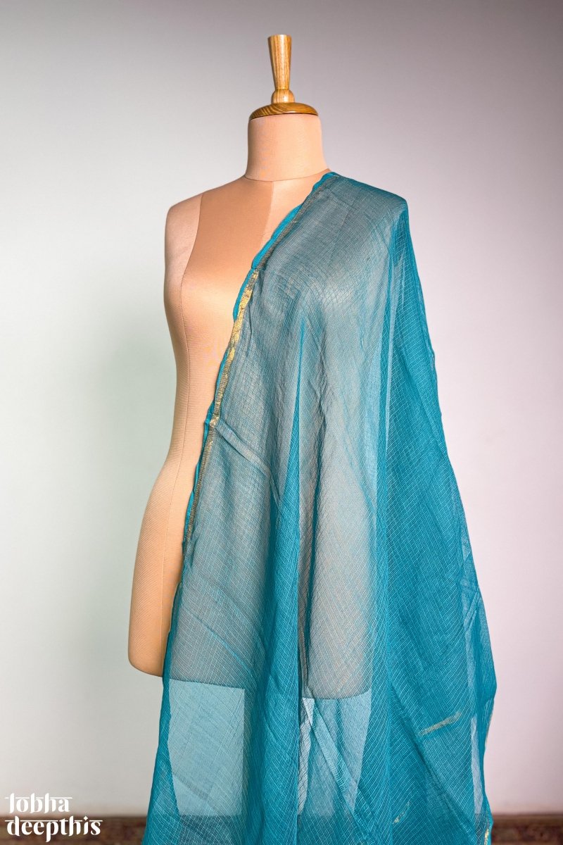 Teal Blue Plain Kota Doria Dupatta - Lobha Deepthis