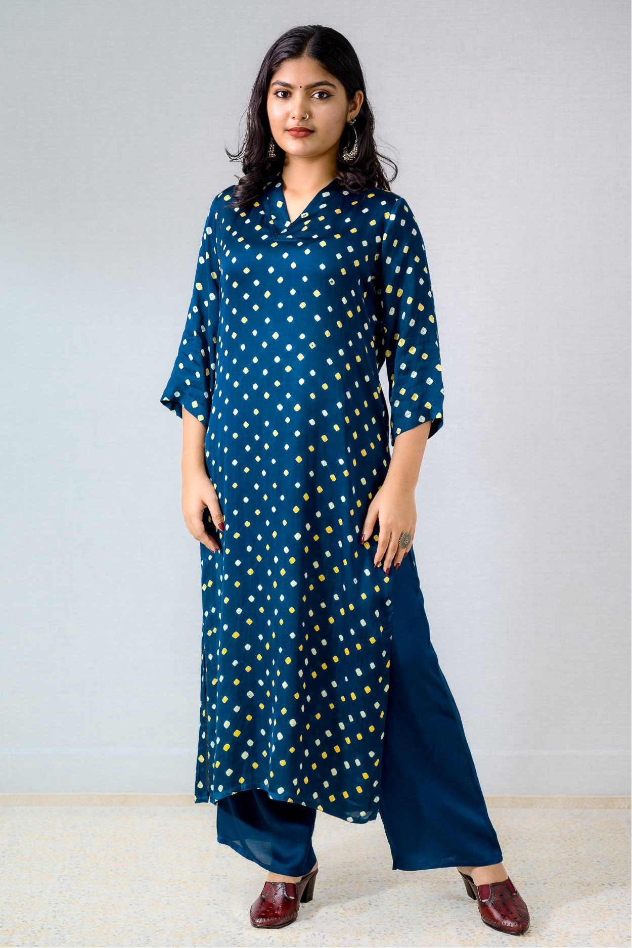 Teal Blue Rani Modal Bandhini Collar Slitted Kurta- Lobha Deepthis
