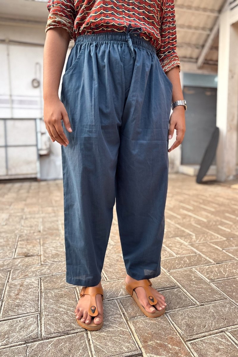Teal Blue South Cotton Straight Pants - Lobha Deepthis