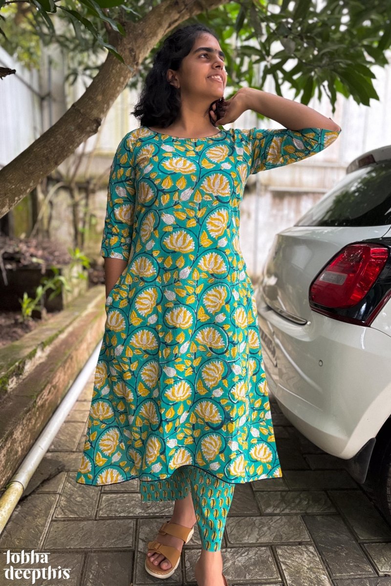 Teal Florals of Sanganer Co - ord Set - Lobha Deepthis