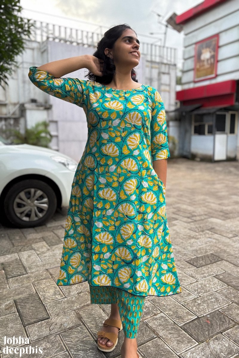 Teal Florals of Sanganer Co - ord Set - Lobha Deepthis