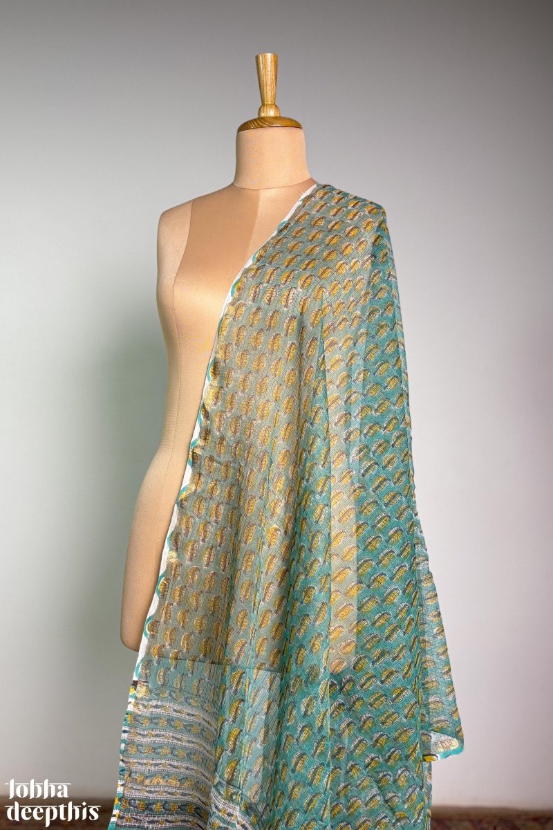 Teal Green Sanganeri Blossoms Kota Doria Dupatta - Lobha Deepthis