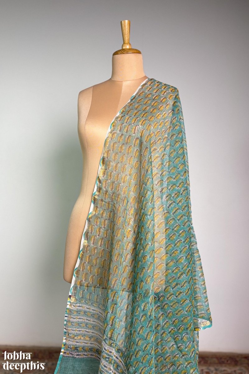 Teal Green Sanganeri Blossoms Kota Doria Dupatta - Lobha Deepthis