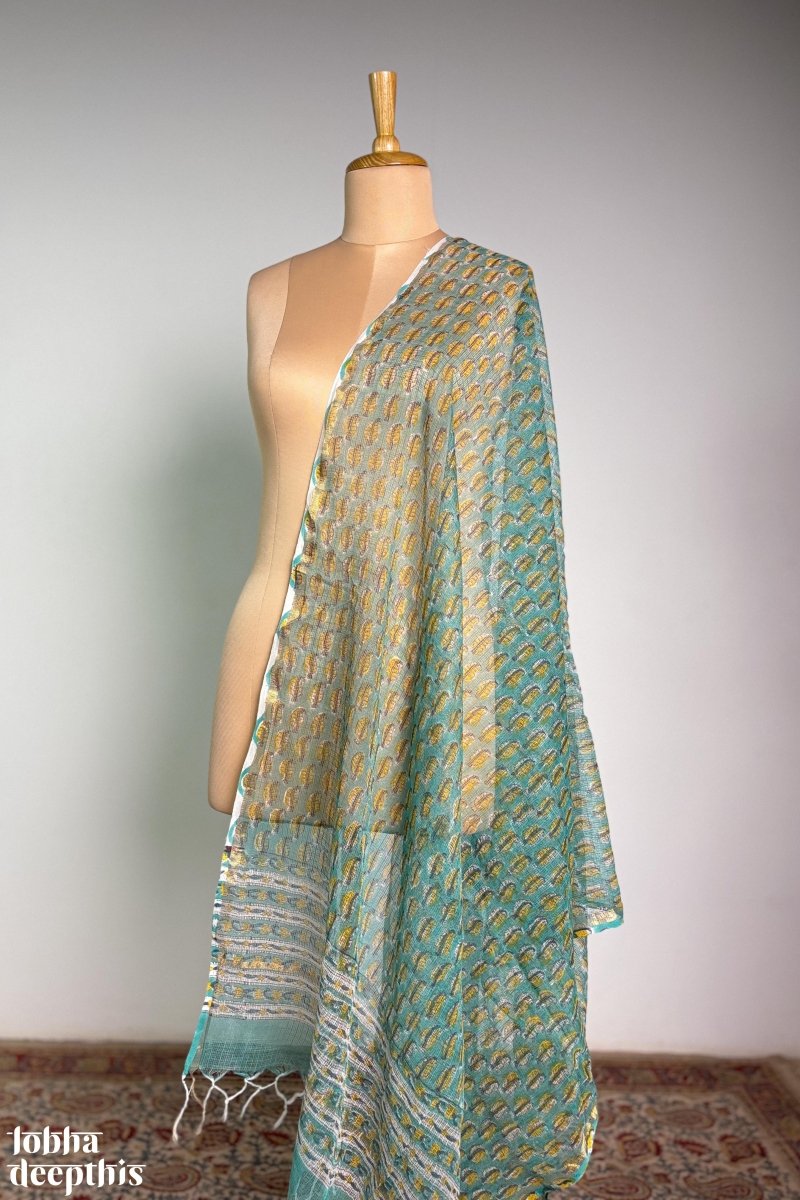 Teal Green Sanganeri Blossoms Kota Doria Dupatta - Lobha Deepthis