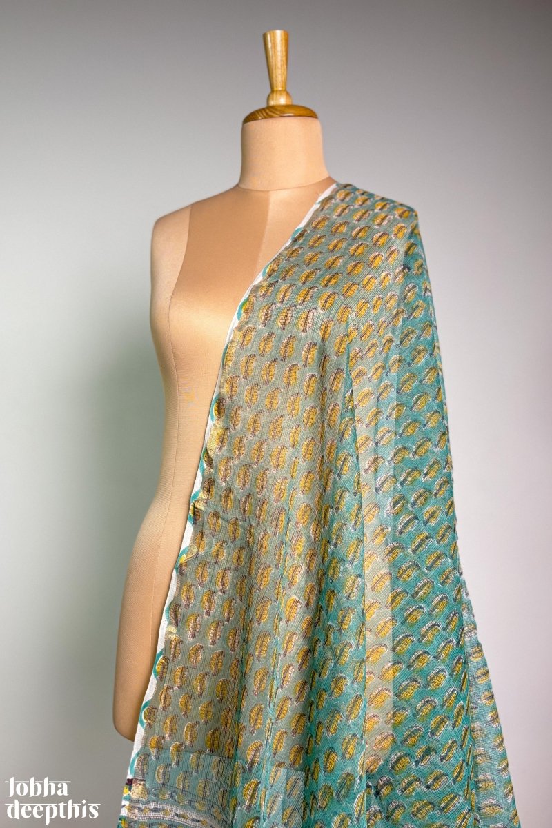 Teal Green Sanganeri Blossoms Kota Doria Dupatta - Lobha Deepthis