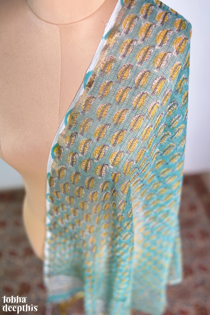 Teal Green Sanganeri Blossoms Kota Doria Dupatta - Lobha Deepthis