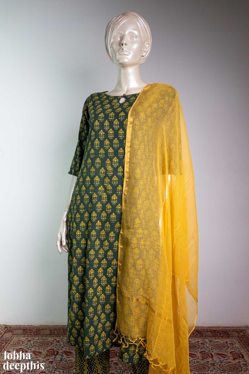 Tulips on Green Ajrakh Straight Kurta - Lobha Deepthis