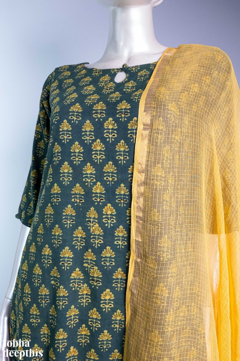 Tulips on Green Ajrakh Straight Kurta - Lobha Deepthis