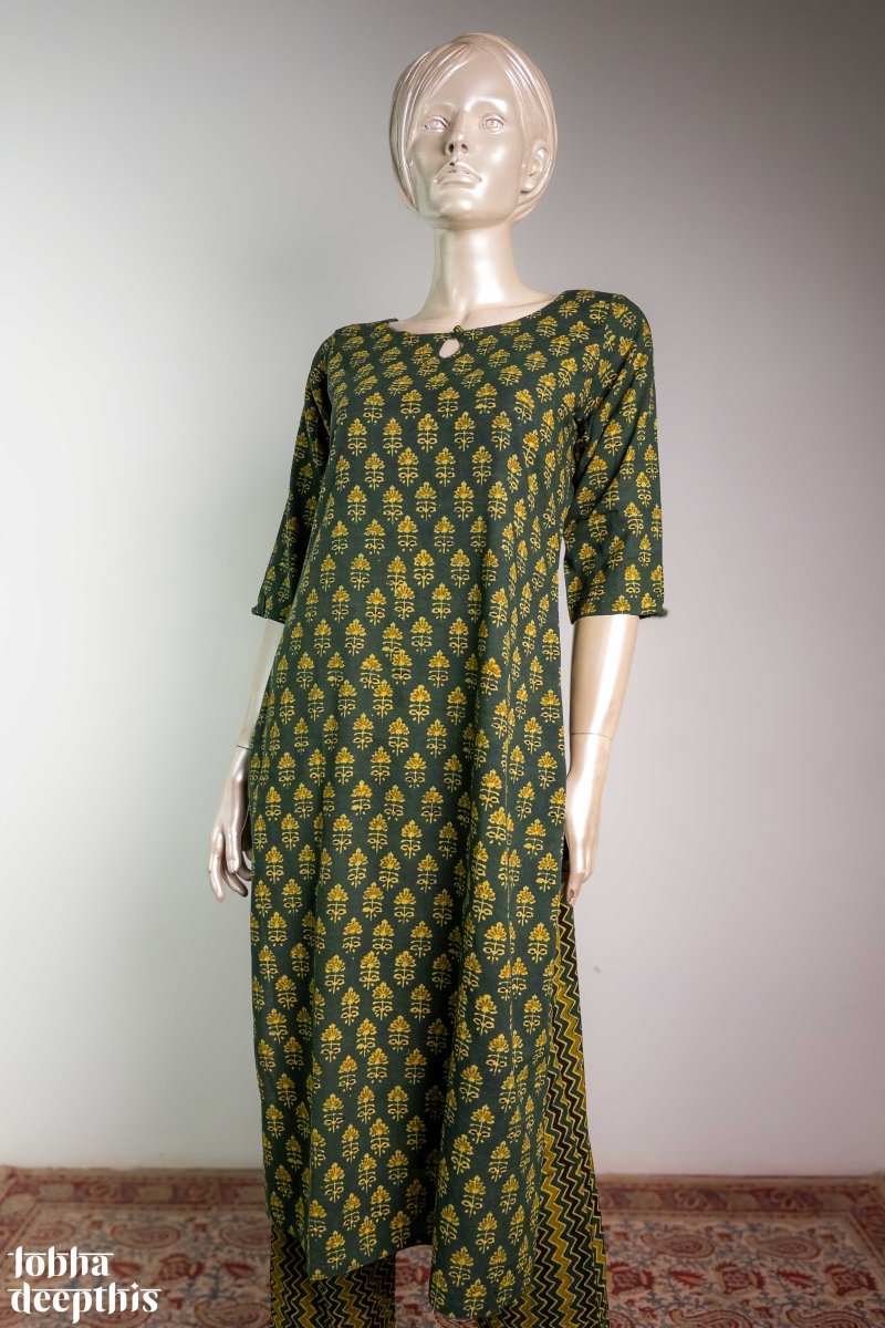 Tulips on Green Ajrakh Straight Kurta - Lobha Deepthis