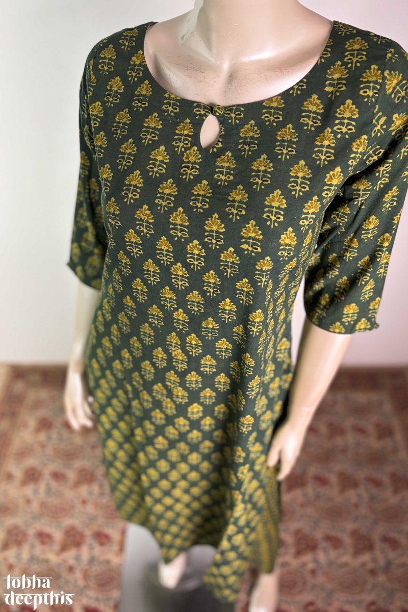 Tulips on Green Ajrakh Straight Kurta - Lobha Deepthis