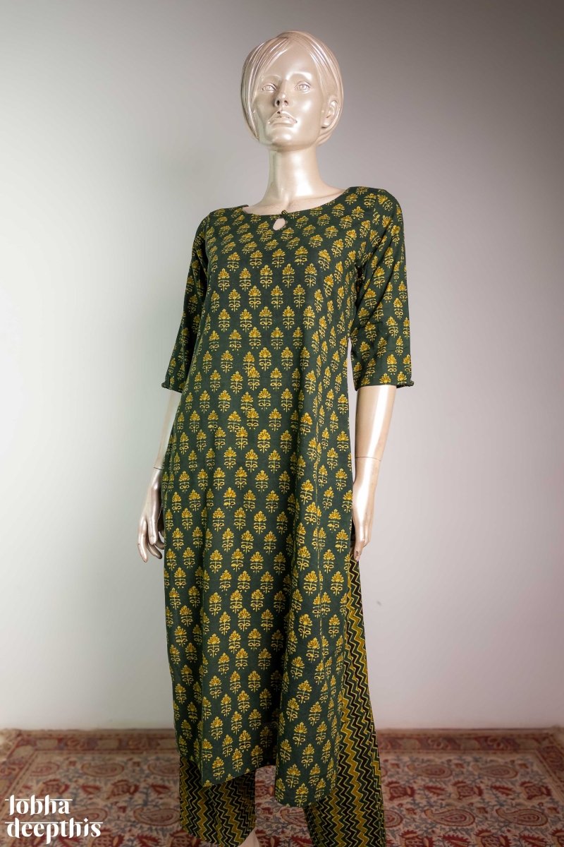 Tulips on Green Ajrakh Straight Kurta - Lobha Deepthis