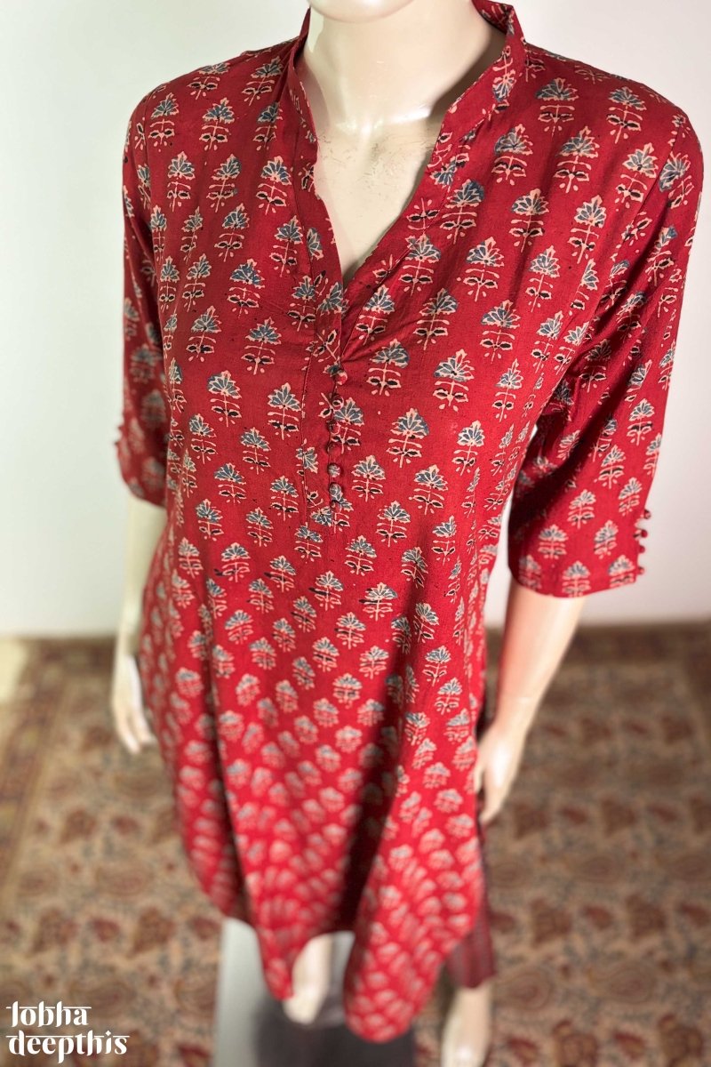 Tulips on Madder Red Ajrakh Collar Kurta - Lobha Deepthis