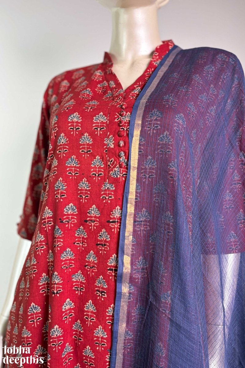 Tulips on Madder Red Ajrakh Collar Kurta - Lobha Deepthis