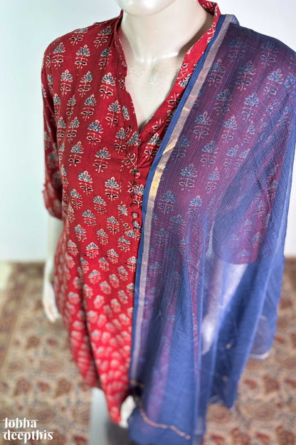 Tulips on Madder Red Ajrakh Collar Kurta - Lobha Deepthis