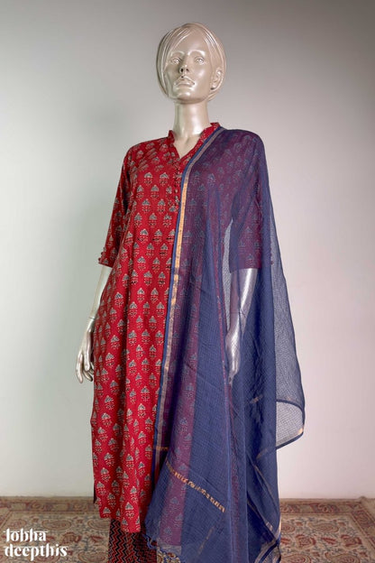 Tulips on Madder Red Ajrakh Collar Kurta - Lobha Deepthis