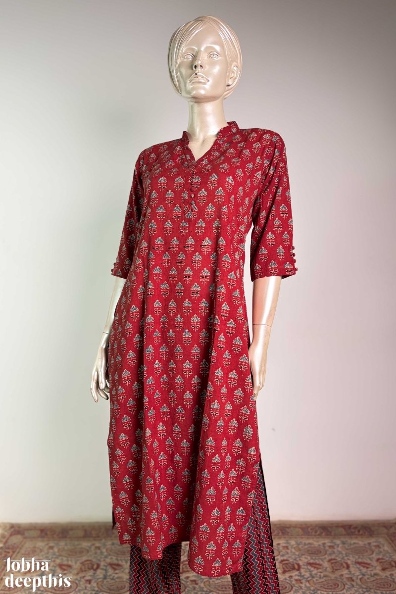 Tulips on Madder Red Ajrakh Collar Kurta - Lobha Deepthis