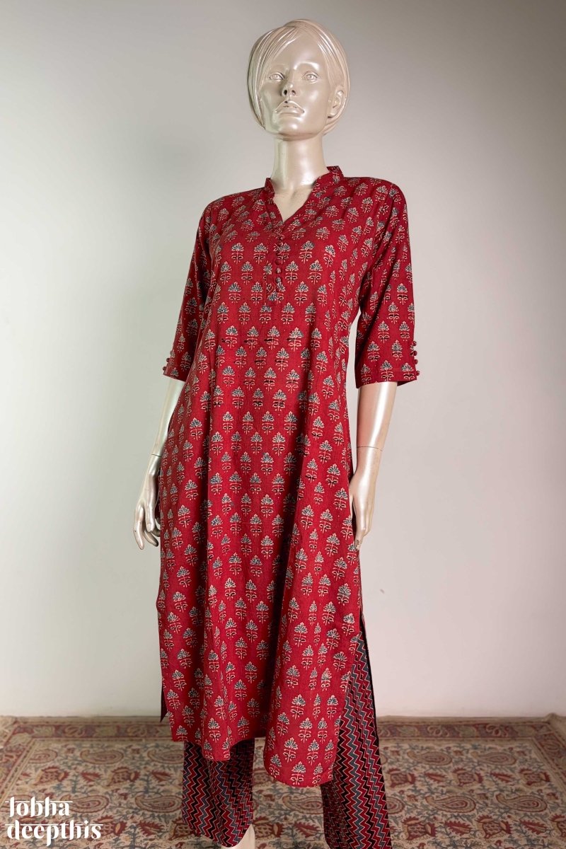 Tulips on Madder Red Ajrakh Collar Kurta - Lobha Deepthis