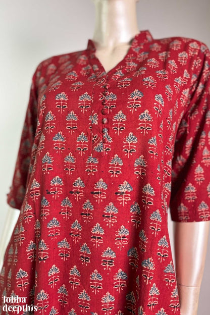 Tulips on Madder Red Ajrakh Collar Kurta - Lobha Deepthis