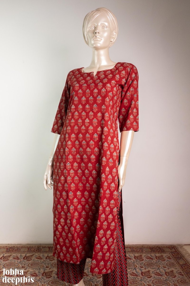 Tulips on Madder Red Ajrakh Kurta - Lobha Deepthis