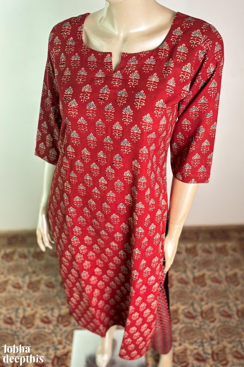 Tulips on Madder Red Ajrakh Kurta - Lobha Deepthis