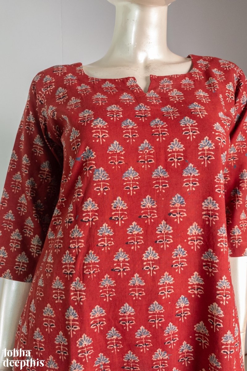 Tulips on Madder Red Ajrakh Kurta - Lobha Deepthis