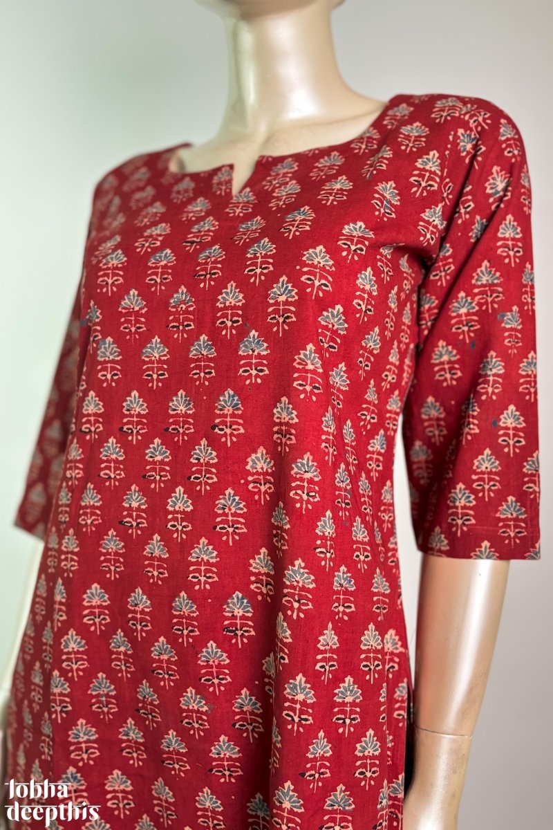 Tulips on Madder Red Ajrakh Kurta - Lobha Deepthis