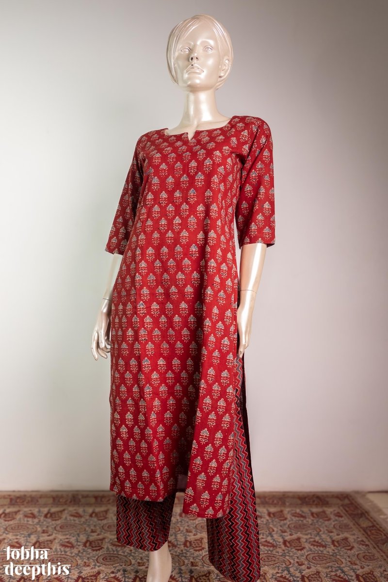 Tulips on Madder Red Ajrakh Kurta - Lobha Deepthis