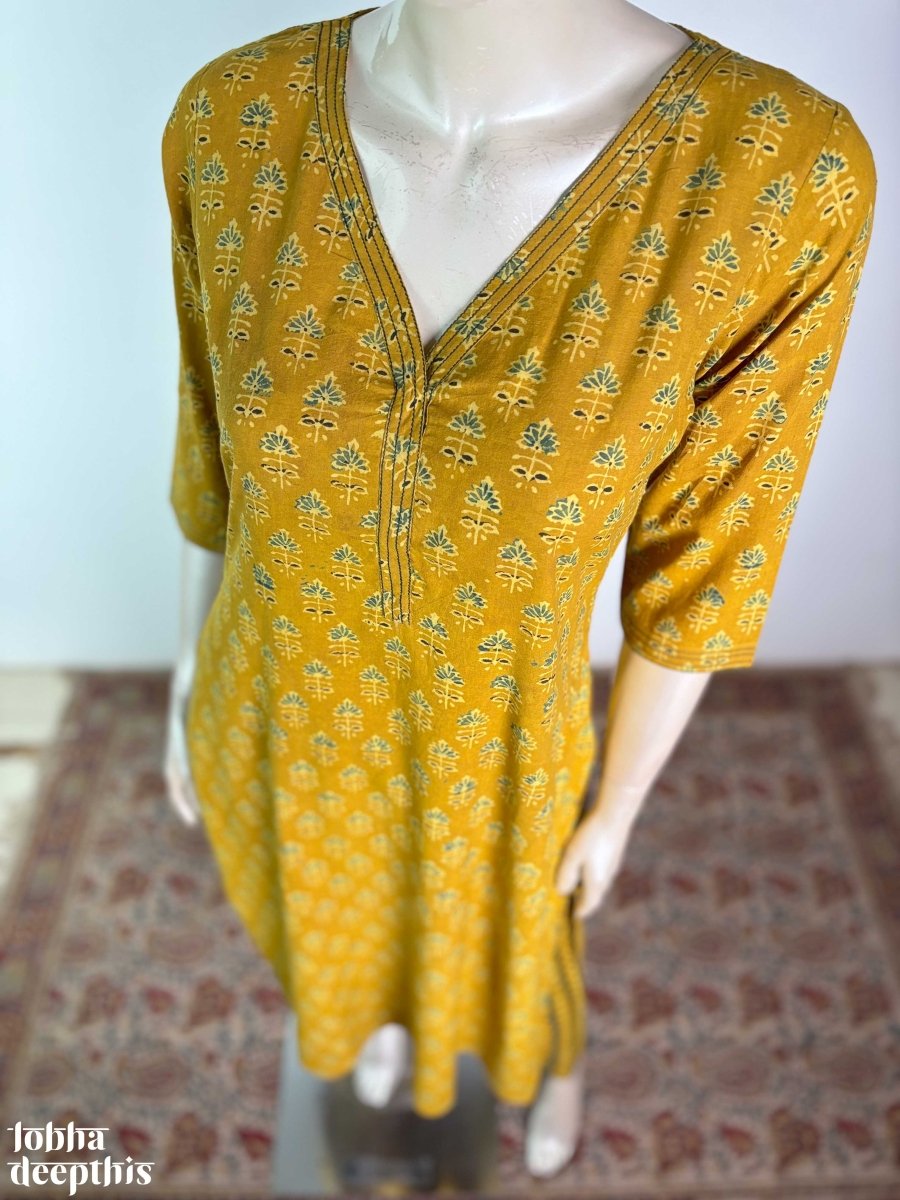 Tulips on Turmeric Ajrakh Straight Kurta - Lobha Deepthis