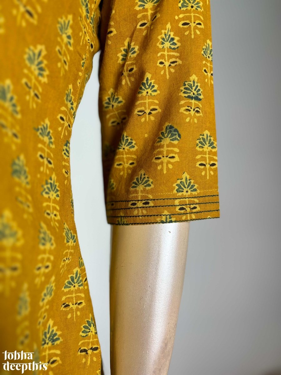 Tulips on Turmeric Ajrakh Straight Kurta - Lobha Deepthis