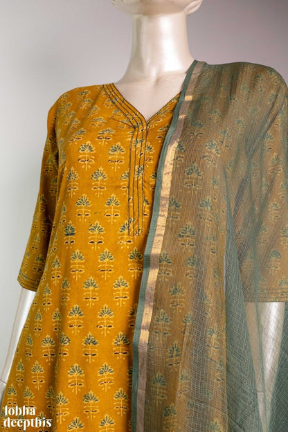 Tulips on Turmeric Ajrakh Straight Kurta - Lobha Deepthis