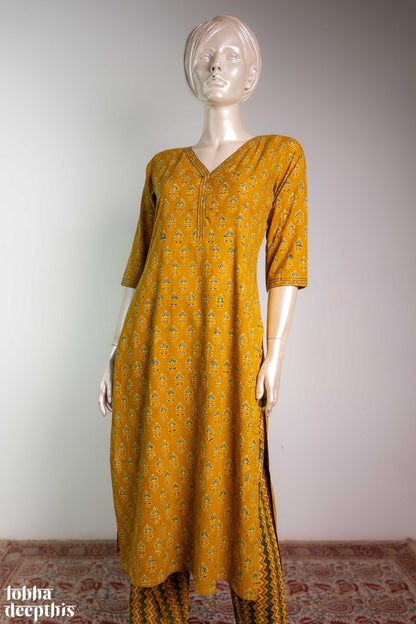 Tulips on Turmeric Ajrakh Straight Kurta - Lobha Deepthis