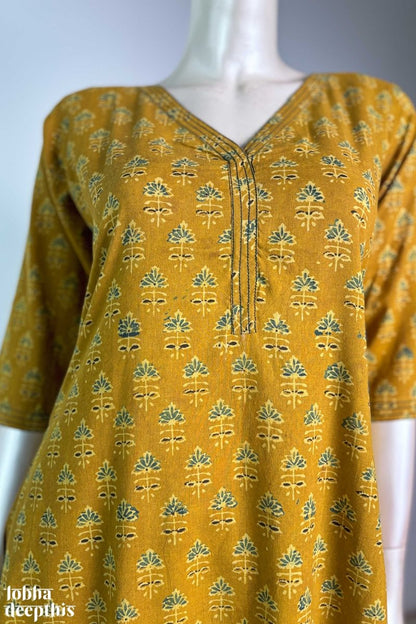 Tulips on Turmeric Ajrakh Straight Kurta - Lobha Deepthis