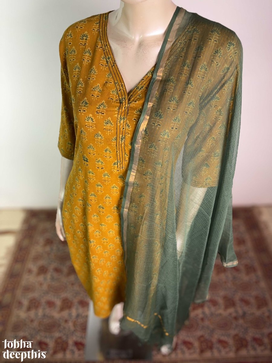 Tulips on Turmeric Ajrakh Straight Kurta - Lobha Deepthis