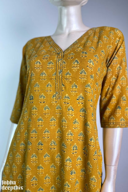 Tulips on Turmeric Ajrakh Straight Kurta - Lobha Deepthis