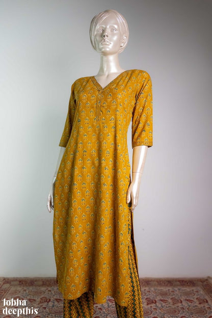 Tulips on Turmeric Ajrakh Straight Kurta - Lobha Deepthis