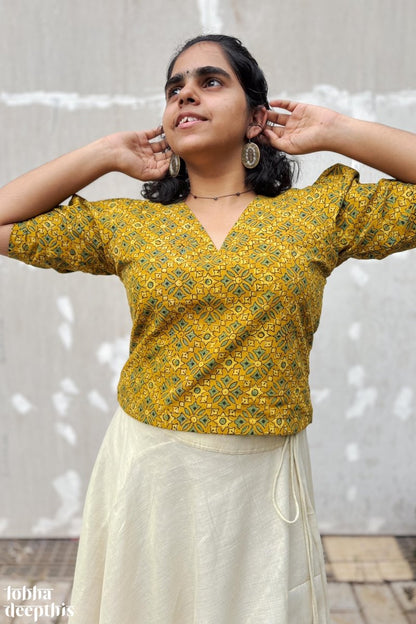 Turmeric Ajrakh and Golden Tissue Onam Skirt & Top Set - Lobha Deepthis