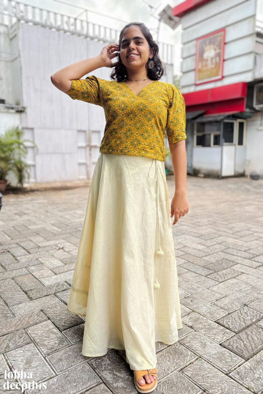 Turmeric Ajrakh and Golden Tissue Onam Skirt & Top Set - Lobha Deepthis