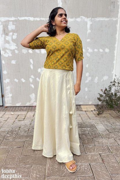 Turmeric Ajrakh and Golden Tissue Onam Skirt & Top Set - Lobha Deepthis