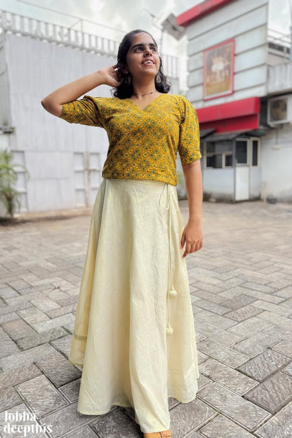 Turmeric Ajrakh and Golden Tissue Onam Skirt & Top Set - Lobha Deepthis