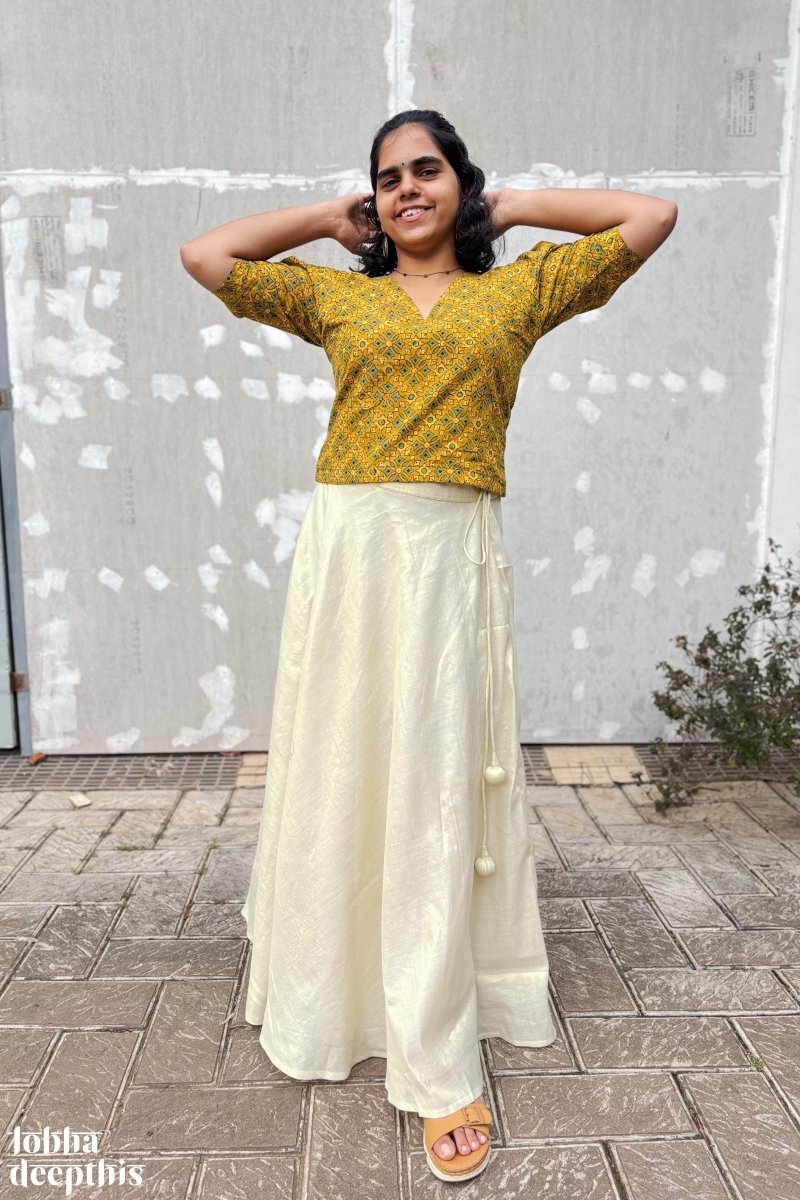 Turmeric Ajrakh and Golden Tissue Onam Skirt & Top Set - Lobha Deepthis