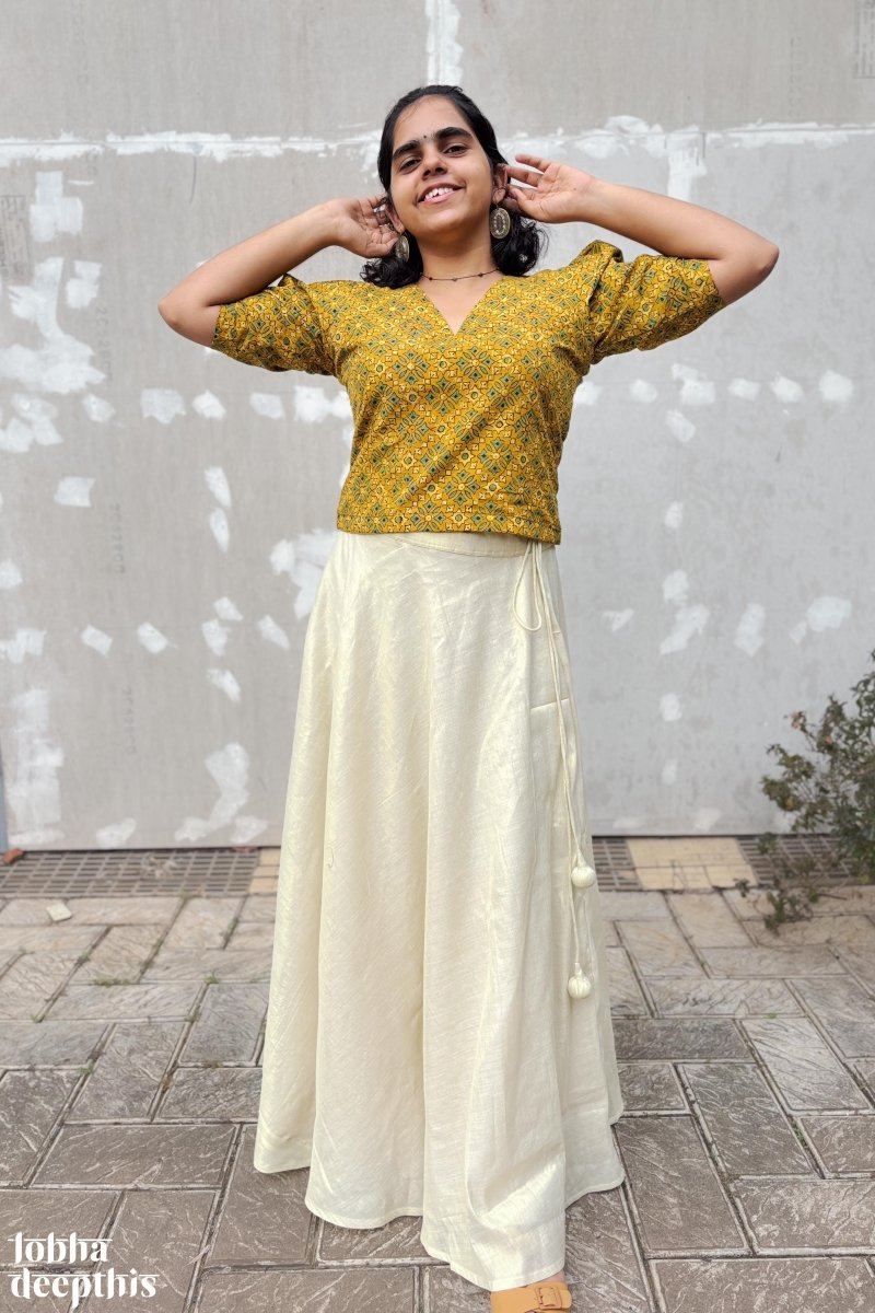 Turmeric Ajrakh and Golden Tissue Onam Skirt & Top Set - Lobha Deepthis